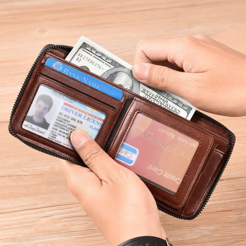 Genuine Leather Wallet for Men Zipper RFID Card Holder Purse Portable Luxury Designer Men’s Wallets Male Short Cardholder Gamborini 