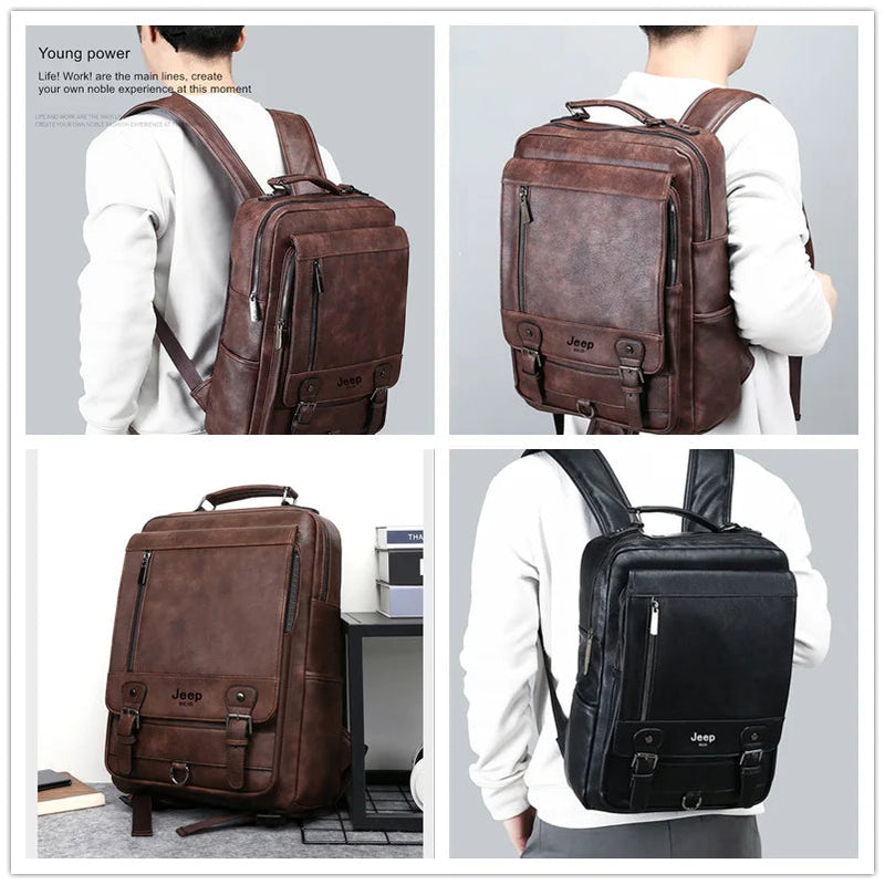 JEEP BULUO Fashion Leather Men Backpack Business Male 15.6" Laptop Bag Daypacks Large Capacity Travel College School Bag Gamborini 