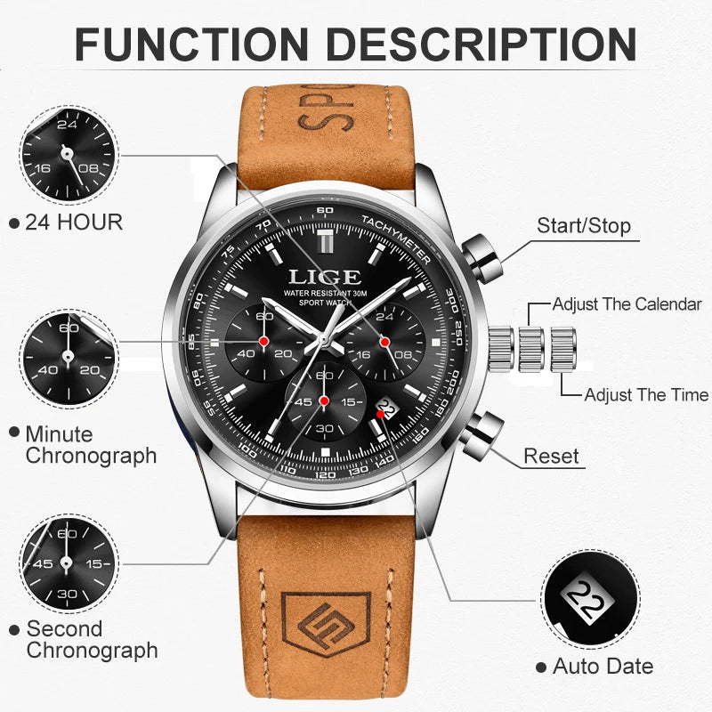 LIGE Business Watch Men Top Brand Luxury Fashion Men Watch Military Sport Quartz Chronograph Clock Male Date Waterproof Watches Gamborini 