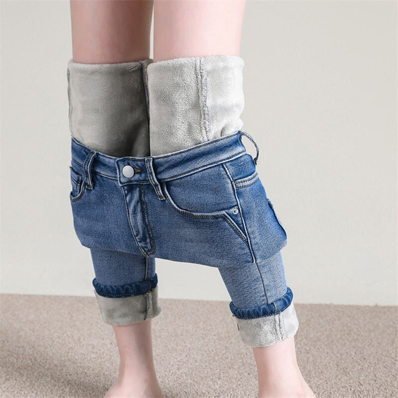 Jeans térmicos para mulheres, calças stretch de pelúcia, cintura