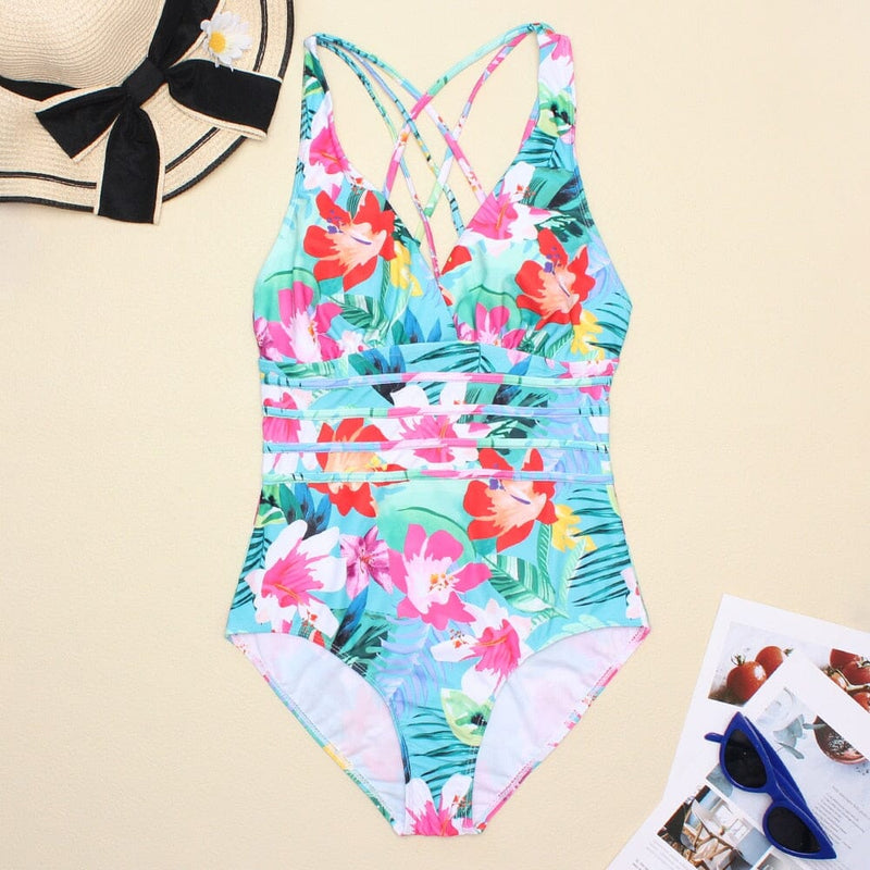 Women Printed One Piece Swimwear Sexy Backless Swimsuit V Neck Summer Beach Wear Slimming Bathing Suit S~XXL Gamborini 