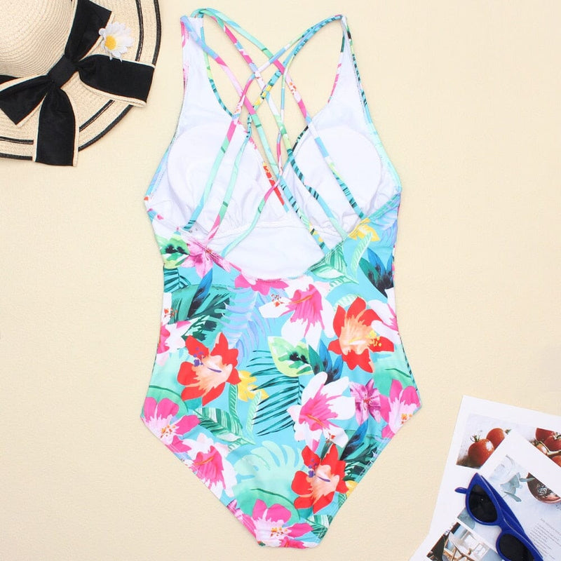 Women Printed One Piece Swimwear Sexy Backless Swimsuit V Neck Summer Beach Wear Slimming Bathing Suit S~XXL Gamborini 